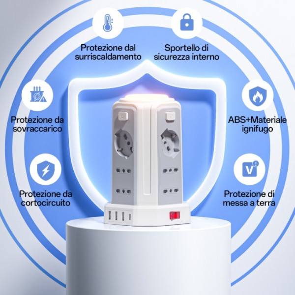 2 M Power Strip with Night Light 12 Universal Sockets 10/16A ITA and Schuko and 3 USB A+1 USB C Overvoltage Protection with 4 Independent Switches for Office, Home