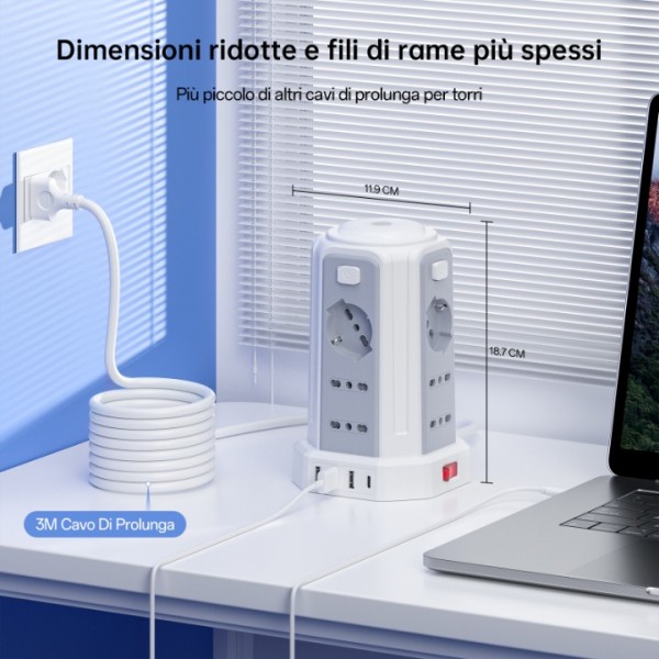 2 M Power Strip with Night Light 12 Universal Sockets 10/16A ITA and Schuko and 3 USB A+1 USB C Overvoltage Protection with 4 Independent Switches for Office, Home