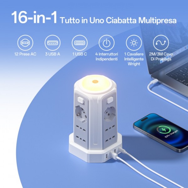 2 M Power Strip with Night Light 12 Universal Sockets 10/16A ITA and Schuko and 3 USB A+1 USB C Overvoltage Protection with 4 Independent Switches for Office, Home