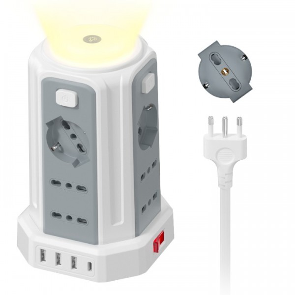 2 M Power Strip with Night Light 12 Universal Sockets 10/16A ITA and Schuko and 3 USB A+1 USB C Overvoltage Protection with 4 Independent Switches for Office, Home