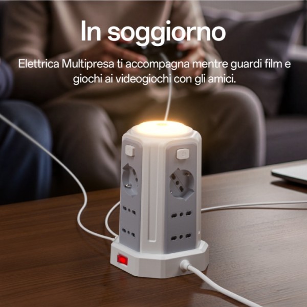 2 M Power Strip with Night Light 12 Universal Sockets 10/16A ITA and Schuko and 3 USB A+1 USB C Overvoltage Protection with 4 Independent Switches for Office, Home