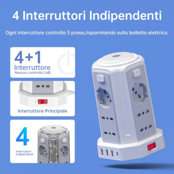 2 M Power Strip with Night Light 12 Universal Sockets 10/16A ITA and Schuko and 3 USB A+1 USB C Overvoltage Protection with 4 Independent Switches for Office, Home