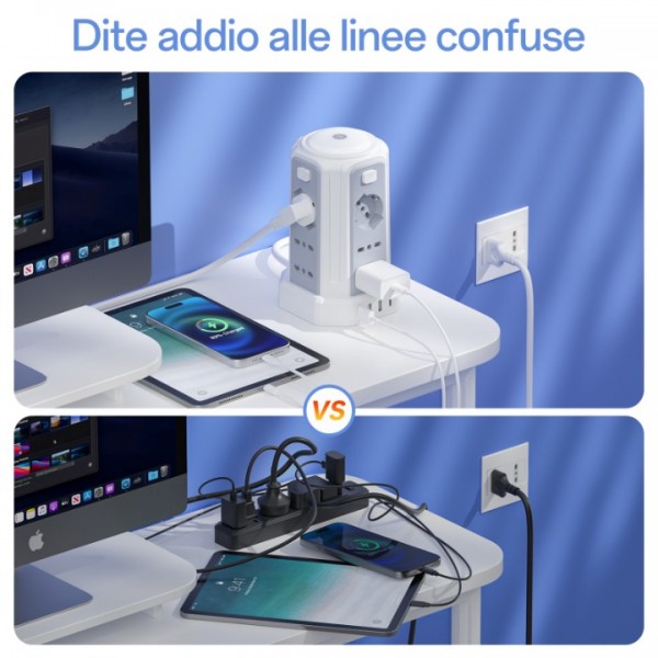 2 M Power Strip with Night Light 12 Universal Sockets 10/16A ITA and Schuko and 3 USB A+1 USB C Overvoltage Protection with 4 Independent Switches for Office, Home