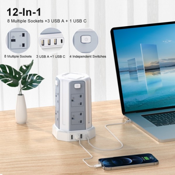 Extension Lead, Tower Extension Leads with USB Solts, [13A 3250W] 3M Extension Cable, 8 AC Outlets & 4 USB Ports Multi Plug Extension Tower for Home, Office