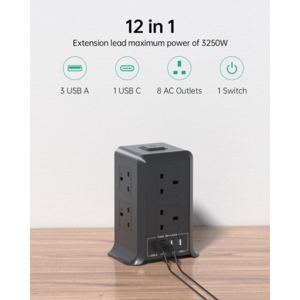 Tower Extension Lead with USB Slots, 8 Way Multi Plug Extension Tower & 4 USB Ports，Surge Protected Extension Lead with Switch, 2M Extension Cable,Tower Extension Cord for Home, Office