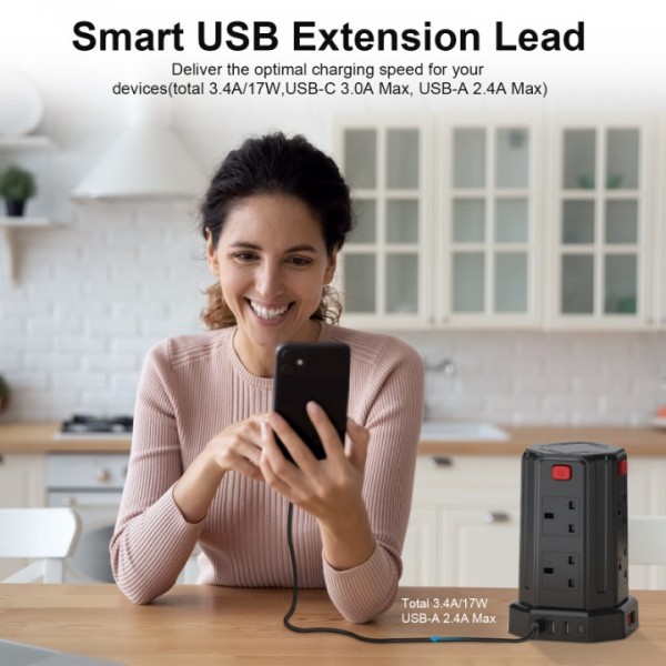 Extension Lead, Tower Extension Leads with USB Solts, [13A 3250W] 3M Extension Cable, 8 AC Outlets & 4 USB Ports Multi Plug Extension Tower for Home, Office