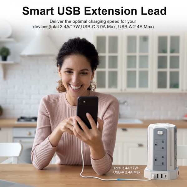 Extension Lead, Tower Extension Leads with USB Solts, [13A 3250W] 3M Extension Cable, 8 AC Outlets & 4 USB Ports Multi Plug Extension Tower for Home, Office