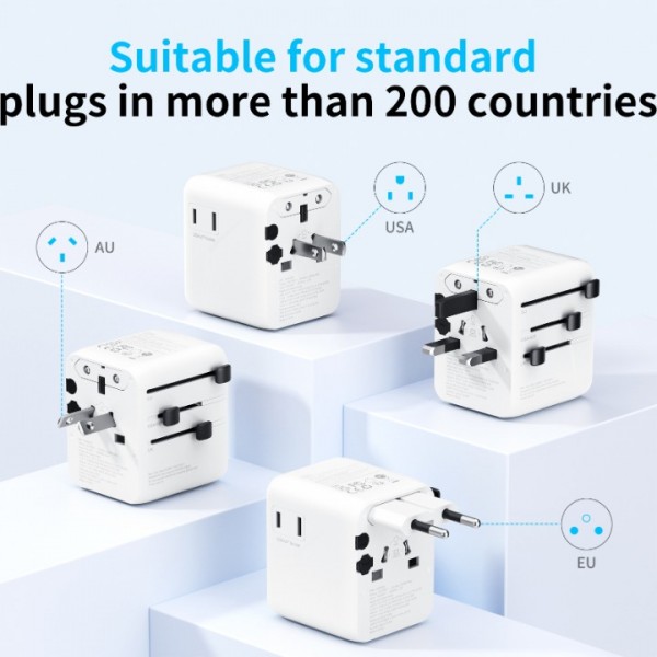 5 in 1 Worldwide Travel Adapter with 1 Universal Plug and 1 USA/JP Plug, 1 USB, 2 USB C International Plug Adapter, for UK EU USA Canada, Australia