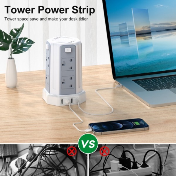 Extension Lead, Tower Extension Leads with USB Solts, [13A 3250W] 3M Extension Cable, 8 AC Outlets & 4 USB Ports Multi Plug Extension Tower for Home, Office