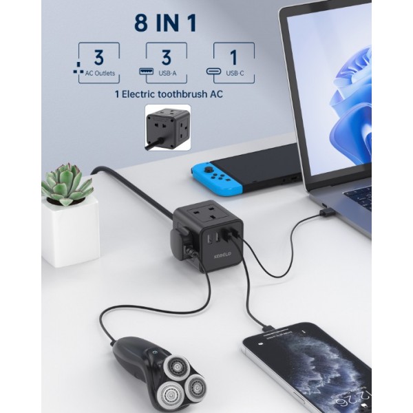 3M Cube Extension Lead with USB, Kemelo 4 Way (13A/3250W) Plug Extension Socket with 3 USB A & 1 USB C, Child Safety Extension Cord,Black Cube Power Strip for Home Desk Office