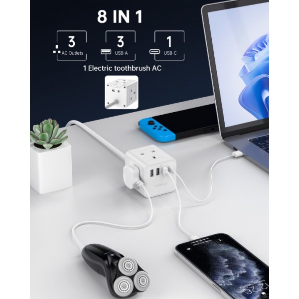 3M Cube Extension Lead with USB, Kemelo 4 Way (13A/3250W) Plug Extension Socket with 3 USB A & 1 USB C, Child Safety Extension Cord,Black Cube Power Strip for Home Desk Office