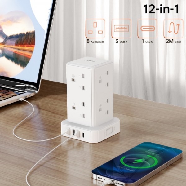 Tower Extension Lead with 8 Way Multi Plug Extension Tower & 4 USB Ports (13A 3250W),Mini Power Strip with Switch, 2M Extension Cable Surge Protection Extension Lead for Home, Kitchen,Office