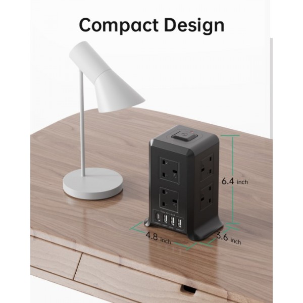 Tower Extension Lead with USB Slots, 8 Way Multi Plug Extension Tower & 4 USB Ports，Surge Protected Extension Lead with Switch, 2M Extension Cable,Tower Extension Cord for Home, Office