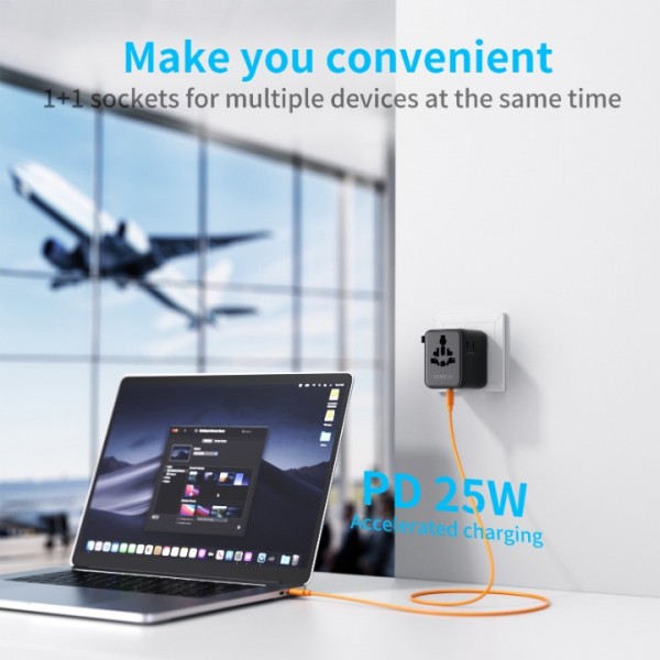 Universal Plug Adapter, 25W International Travel Adapter with 1 USB and 2 Type C Universal Travel Adapter France to UK USA EU Canada Australia China Japan Thailand