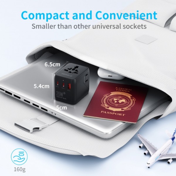 Universal Plug Adapter, 25W International Travel Adapter with 1 USB and 2 Type C Universal Travel Adapter France to UK USA EU Canada Australia China Japan Thailand