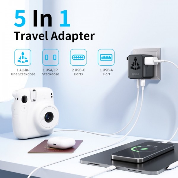 Universal Plug Adapter, 25W International Travel Adapter with 1 USB and 2 Type C Universal Travel Adapter France to UK USA EU Canada Australia China Japan Thailand