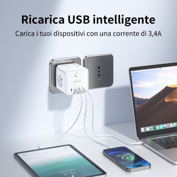 Power Strip with 4 Universal Sockets 10/16A ITA and Schuko, Power Strip with 2 USB A+2 USB C, Multiple Plug Flat Space-Saving with Switches for Home, Office, Black