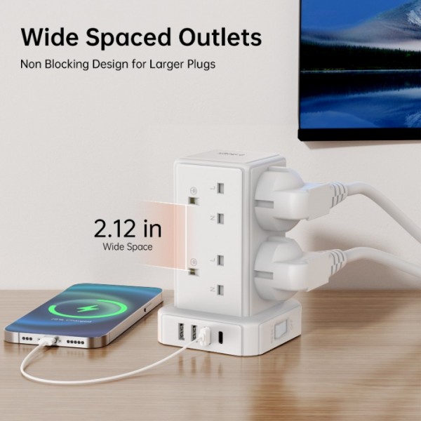 Tower Extension Lead with 8 Way Multi Plug Extension Tower & 4 USB Ports (13A 3250W),Mini Power Strip with Switch, 2M Extension Cable Surge Protection Extension Lead for Home, Kitchen,Office