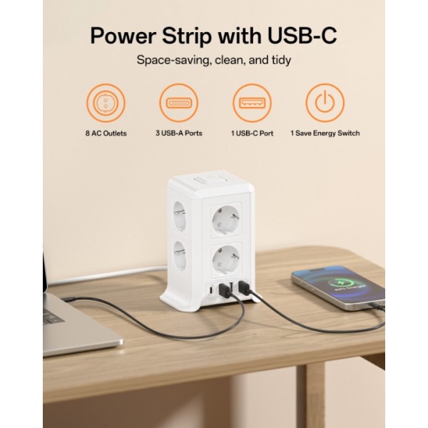 Power Strip with Switch, 5M Surge and Lightning Protection Power Strip with 8 AC Outlets and 4 USB Ports, Power Strip Tower for Office, Living Room, Bedroom