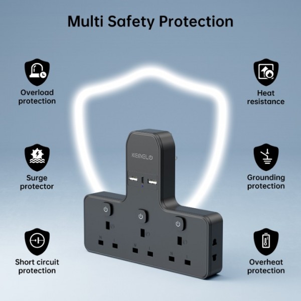 Multi Plug Adapter (3250W/13A), Plug Extension Socket with 3 USB, 3 Way Plug Adapter UK Built-in with Independent Switches,Wall Plug Extender for School Home, Kitchen, Office