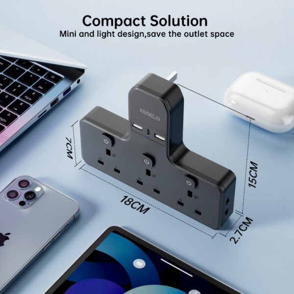 Multi Plug Adapter (3250W/13A), Plug Extension Socket with 3 USB, 3 Way Plug Adapter UK Built-in with Independent Switches,Wall Plug Extender for School Home, Kitchen, Office