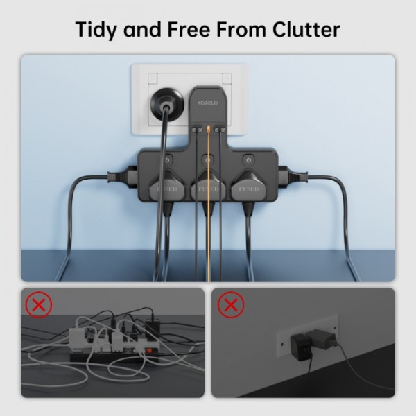 Multi Plug Adapter (3250W/13A), Plug Extension Socket with 3 USB, 3 Way Plug Adapter UK Built-in with Independent Switches,Wall Plug Extender for School Home, Kitchen, Office