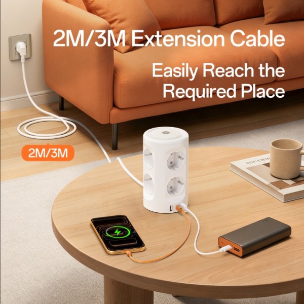 Power strip with light, 8-way multiple socket with 3 USB ports Power strip Surge protector Multiple plug cube 3 lighting modes 3M extension cable Power strip tower for home and office