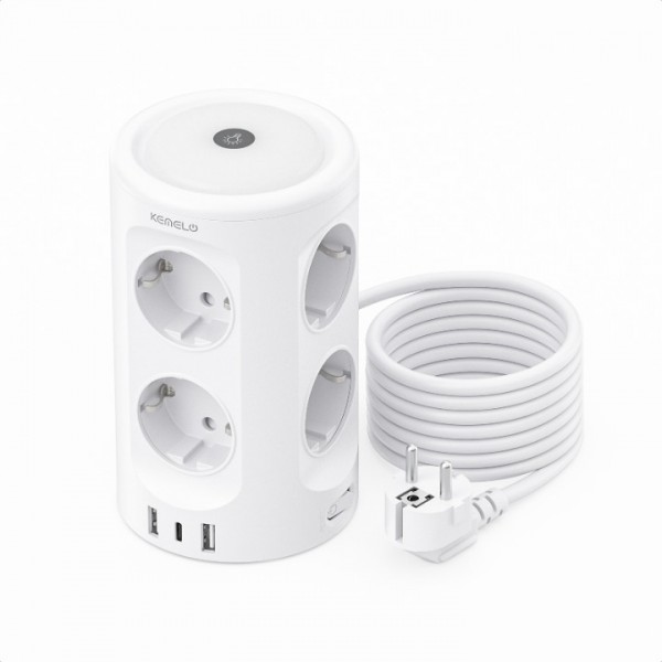 Power strip with light, 8-way multiple socket with 3 USB ports Power strip Surge protector Multiple plug cube 3 lighting modes 3M extension cable Power strip tower for home and office