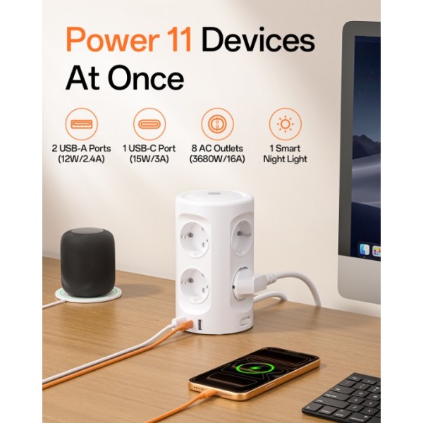 Power strip with light, 8-way multiple socket with 3 USB ports Power strip Surge protector Multiple plug cube 3 lighting modes 3M extension cable Power strip tower for home and office