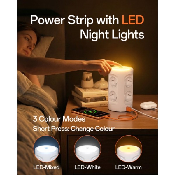 Power strip with light, 8-way multiple socket with 3 USB ports Power strip Surge protector Multiple plug cube 3 lighting modes 3M extension cable Power strip tower for home and office
