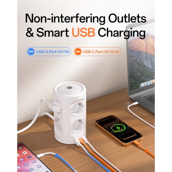 Power strip with light, 8-way multiple socket with 3 USB ports Power strip Surge protector Multiple plug cube 3 lighting modes 3M extension cable Power strip tower for home and office