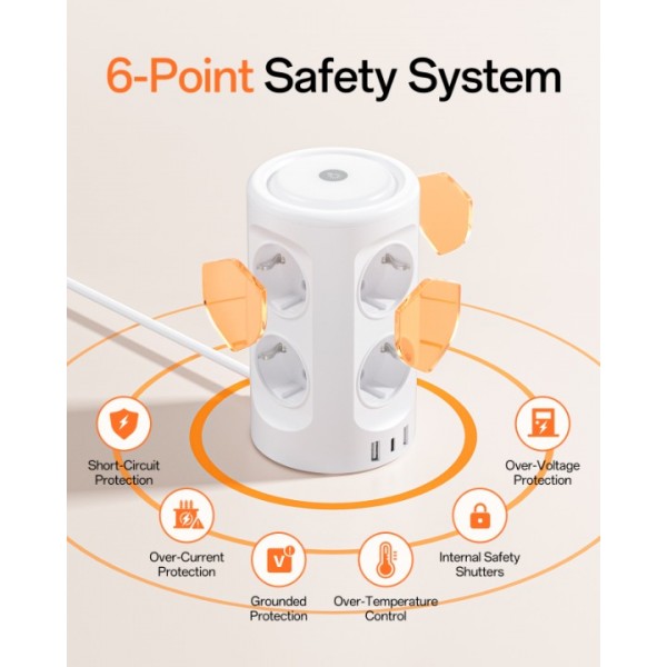 Power strip with light, 8-way multiple socket with 3 USB ports Power strip Surge protector Multiple plug cube 3 lighting modes 3M extension cable Power strip tower for home and office