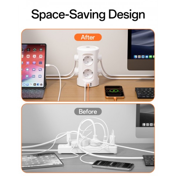 Power strip with light, 8-way multiple socket with 3 USB ports Power strip Surge protector Multiple plug cube 3 lighting modes 3M extension cable Power strip tower for home and office