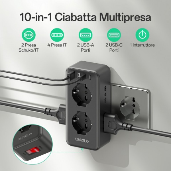 Power Strip with 6 Universal Sockets (10/16a IT and Schuko), Wall Mounted Power Strip with 2 USB A and 2 USB C Ports