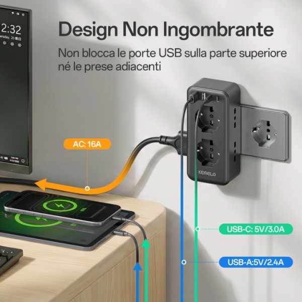 Power Strip with 6 Universal Sockets (10/16a IT and Schuko), Wall Mounted Power Strip with 2 USB A and 2 USB C Ports