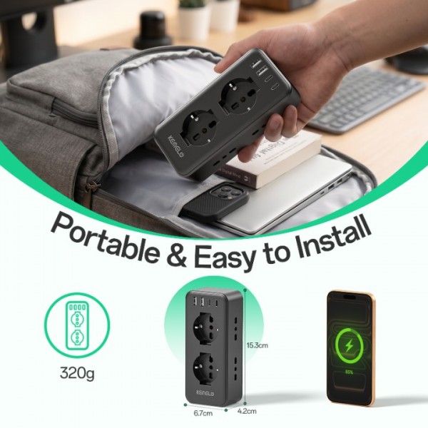 Power Strip with 6 Universal Sockets (10/16a IT and Schuko), Wall Mounted Power Strip with 2 USB A and 2 USB C Ports