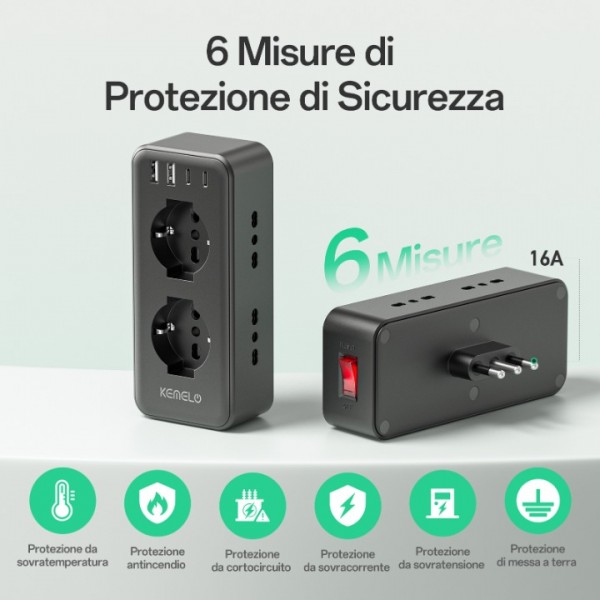 Power Strip with 6 Universal Sockets (10/16a IT and Schuko), Wall Mounted Power Strip with 2 USB A and 2 USB C Ports